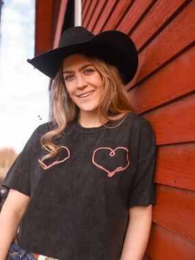 Black Cropped Tee with Pink Heart Embroidery